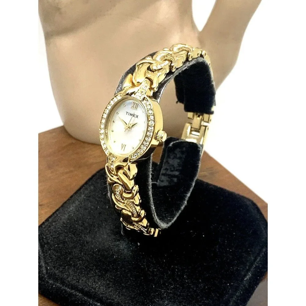 Timex Women's Watch TW2T49900 Oval Petite 19mm Quartz Mother of Pearl Gold Steel